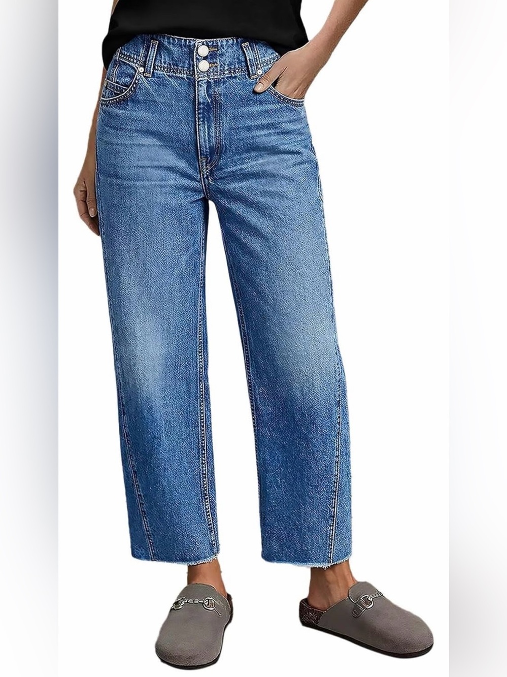Flamingals Mid Waist Dual Button Raw Hem Straight Leg Cropped Jeans